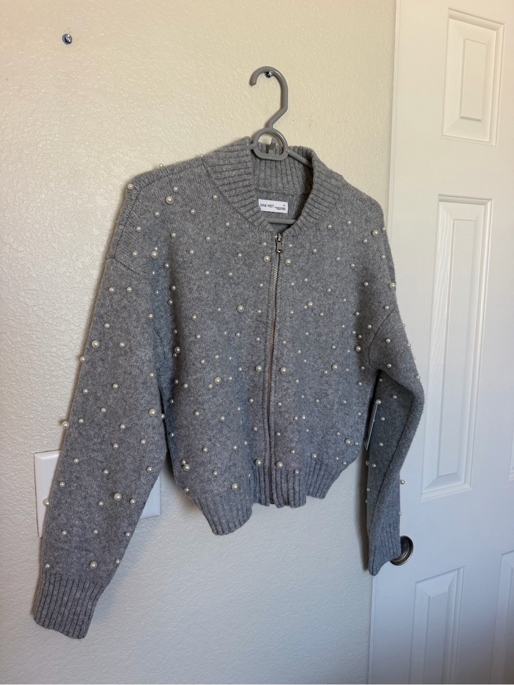 Nine West Crop Grey Pearl-Embellished Zip Sweater